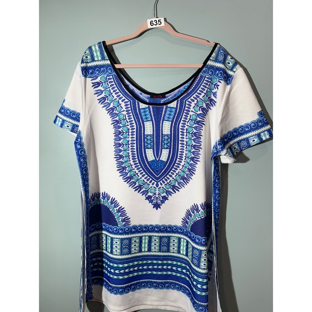 Blush Women Blue White Dashiki Print Tunic Top Short Sleeve Boho Scoop Neck
